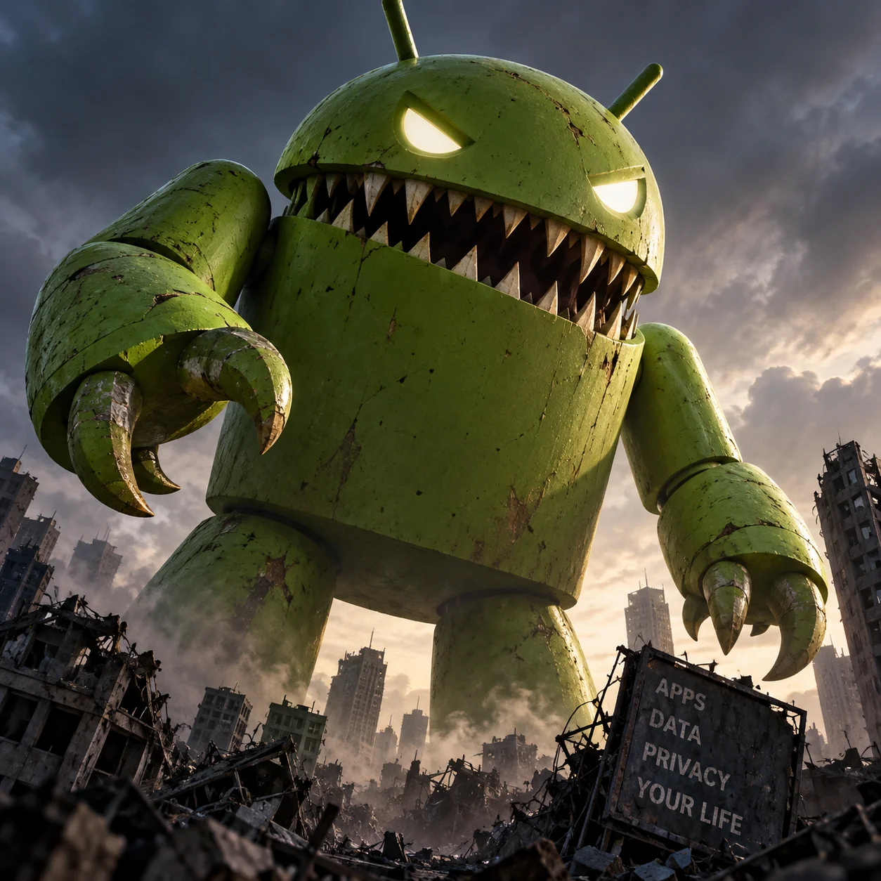 A monstrous Android robot towering over a ruined city, with a sign reading Apps, Data, Privacy, Your Life